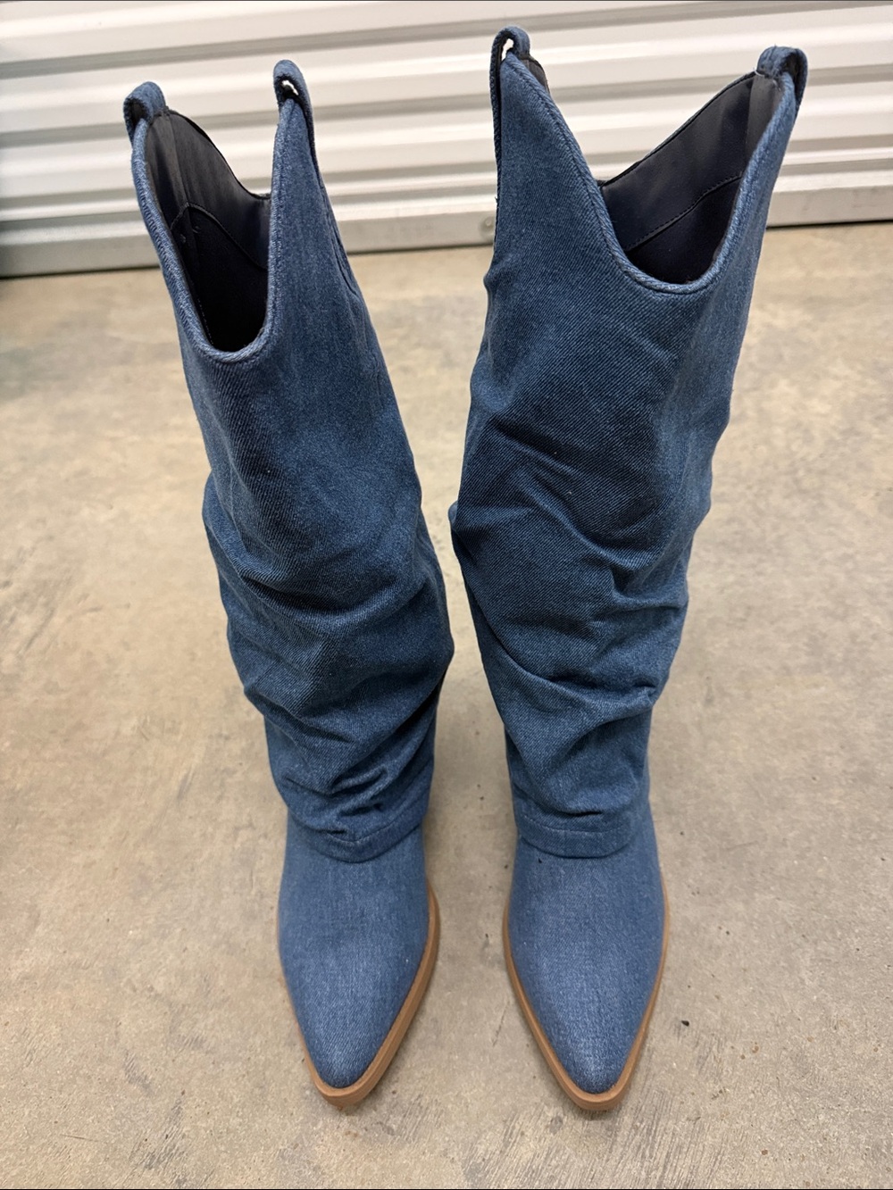 Denim Slouch Knee-High Pointed-Toe Heeled Western Boots - Blue